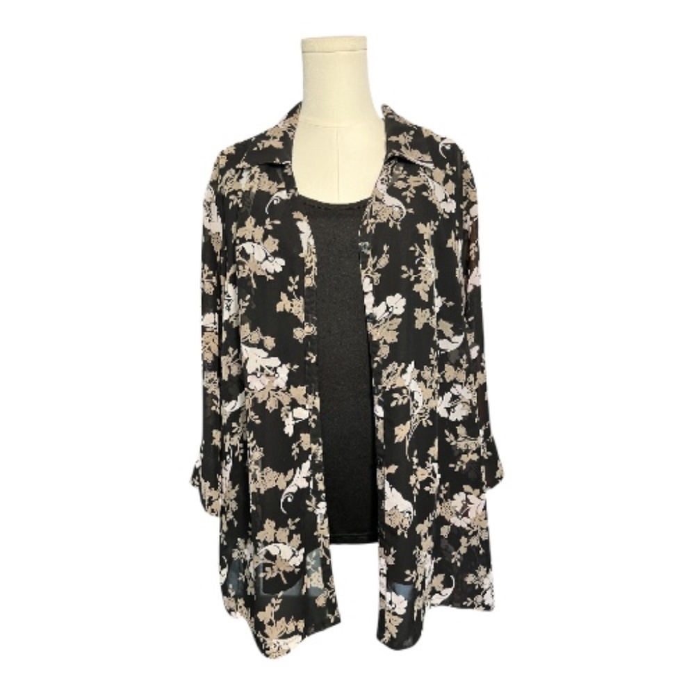 ✨ EUC KATHIE LEE WOMAN Floral Sheer Blouse w/ Black Tank | Women’s Sz 18W/20W